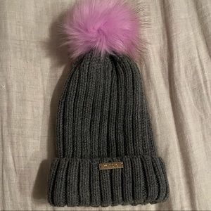 Kensie knit cap faux fur pink puffball grey knit hat